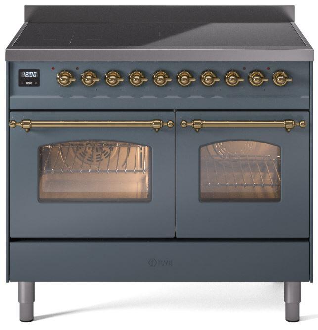 Ilve UPDI406NMPBGG Nostalgie Ii 40 Inch Electric Freestanding Range In Blue Grey With Brass Trim