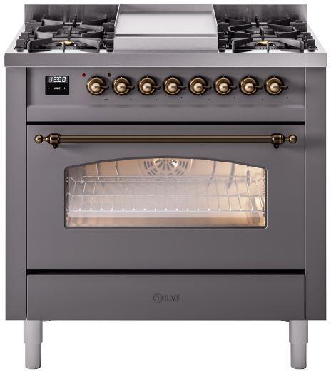 Ilve UP36FNMPMGB Nostalgie Ii 36 Inch Dual Fuel Natural Gas Freestanding Range In Matte Graphite With Bronze Trim