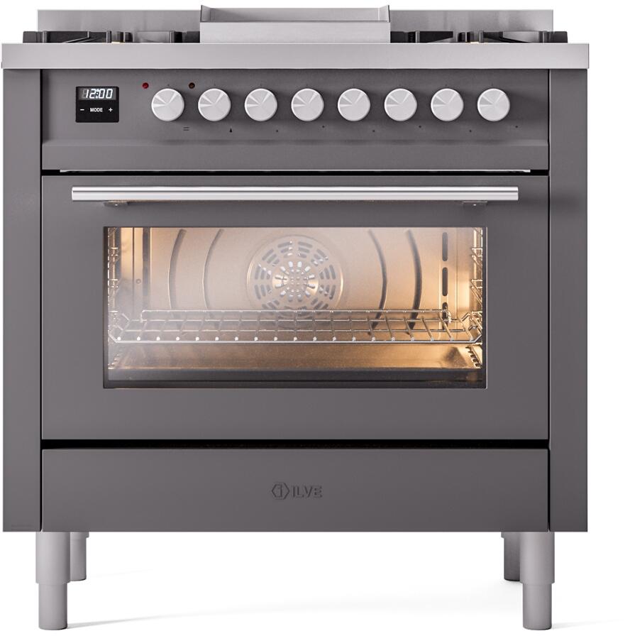 Ilve UP36FWMPMGLP Professional Plus Ii 36 Inch Dual Fuel Liquid Propane Freestanding Range In Matte Graphite With Trim