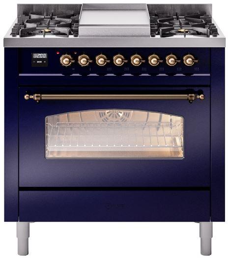 Ilve UP36FNMPMBB Nostalgie Ii 36 Inch Dual Fuel Natural Gas Freestanding Range In Blue With Bronze Trim