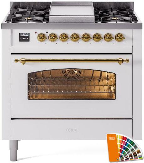 Ilve UP36FNMPRAGLP Nostalgie Ii 36 Inch Dual Fuel Liquid Propane Freestanding Range In Ral Custom Color With Brass Trim