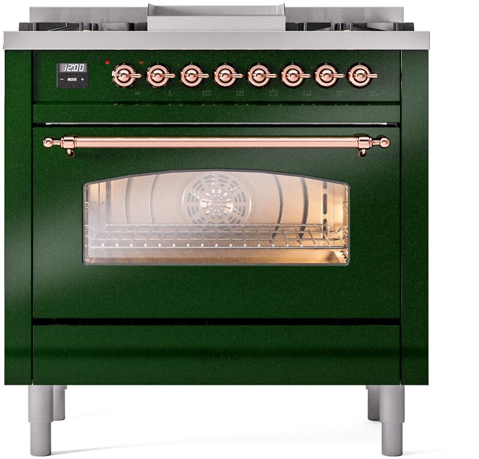 Ilve UP36FNMPEGP Nostalgie Ii 36 Inch Dual Fuel Natural Gas Freestanding Range In Emerald Green With Copper Trim