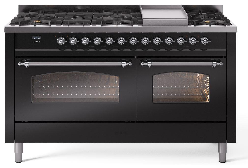 Ilve UP60FNMPBKC Nostalgie Ii 60 Inch Dual Fuel Natural Gas Freestanding Range In Glossy Black With Chrome Trim