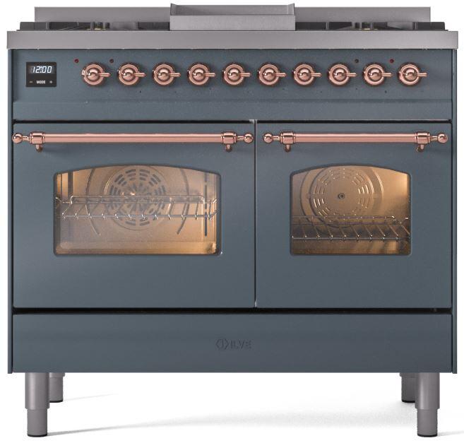 Ilve UPD40FNMPBGP Nostalgie Ii 40 Inch Dual Fuel Natural Gas Freestanding Range In Blue Grey With Copper Trim