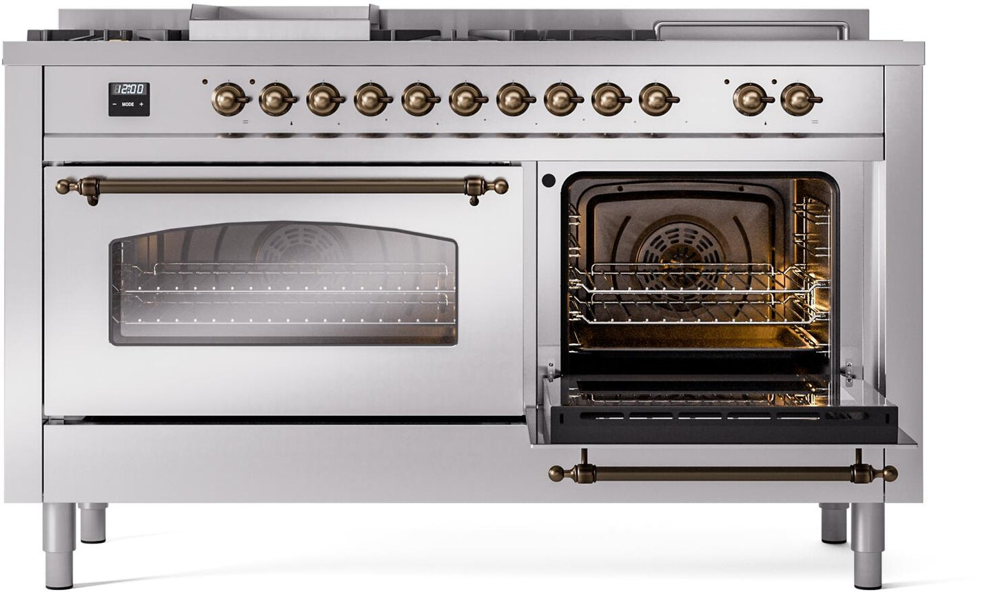 Ilve UP60FSNMPSSB Nostalgie Ii 60 Inch Dual Fuel Natural Gas Freestanding Range In Stainless Steel With Bronze Trim