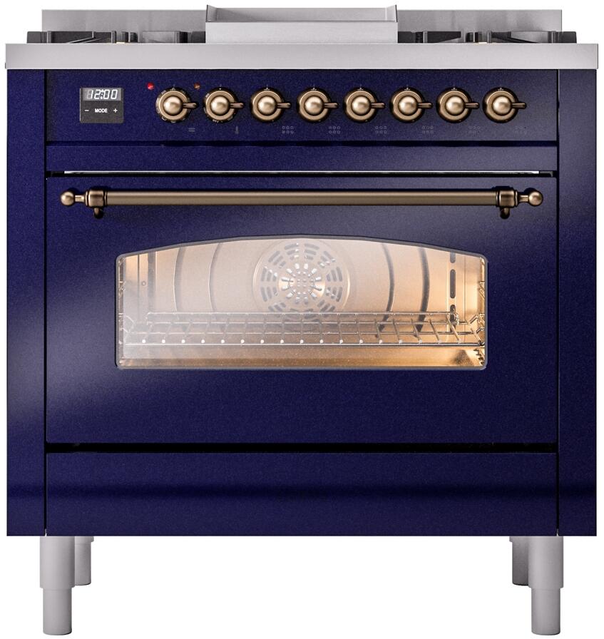 Ilve UP36FNMPMBBLP Nostalgie Ii 36 Inch Dual Fuel Liquid Propane Freestanding Range In Blue With Bronze Trim