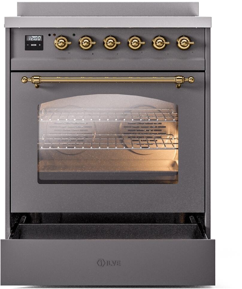 Ilve UPI304NMPMGG Nostalgie Ii 30 Inch Electric Freestanding Range In Matte Graphite With Brass Trim