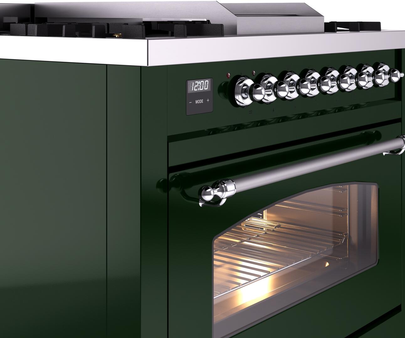 Ilve UP36FNMPEGCLP Nostalgie Ii 36 Inch Dual Fuel Liquid Propane Freestanding Range In Emerald Green With Chrome Trim