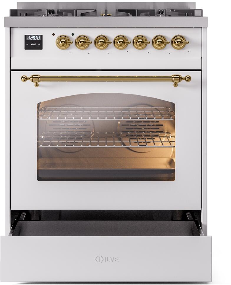 Ilve UP30NMPWHGLP Nostalgie Ii 30 Inch Dual Fuel Liquid Propane Freestanding Range In White With Brass Trim