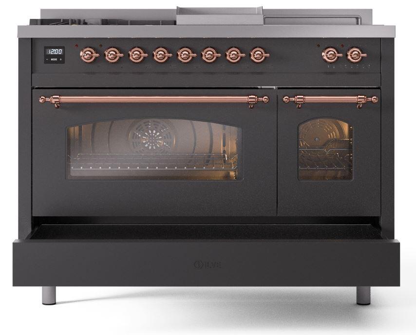 Ilve UP48FSNMPMGPLP Nostalgie Ii 48 Inch Dual Fuel Liquid Propane Freestanding Range In Matte Graphite With Copper Trim