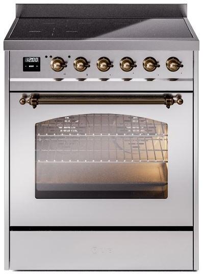 Ilve UPI304NMPSSB Nostalgie Ii 30 Inch Electric Freestanding Range In Stainless Steel With Bronze Trim