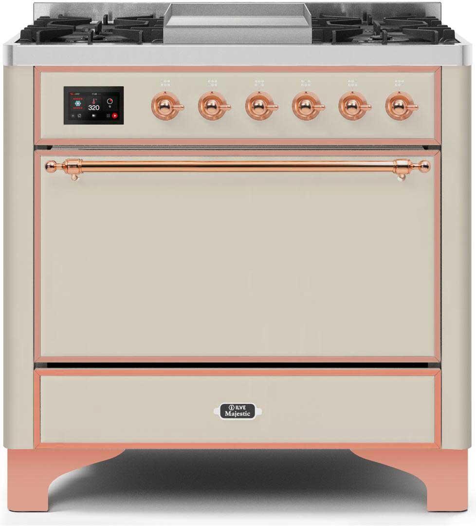 Ilve UM09FDQNS3AWP Majestic Ii 36 Inch Dual Fuel Natural Gas Freestanding Range In Antique White With Copper Trim