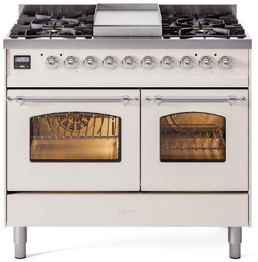 Ilve UPD40FNMPAWCLP Nostalgie Ii 40 Inch Dual Fuel Liquid Propane Freestanding Range In Antique White With Chrome Trim