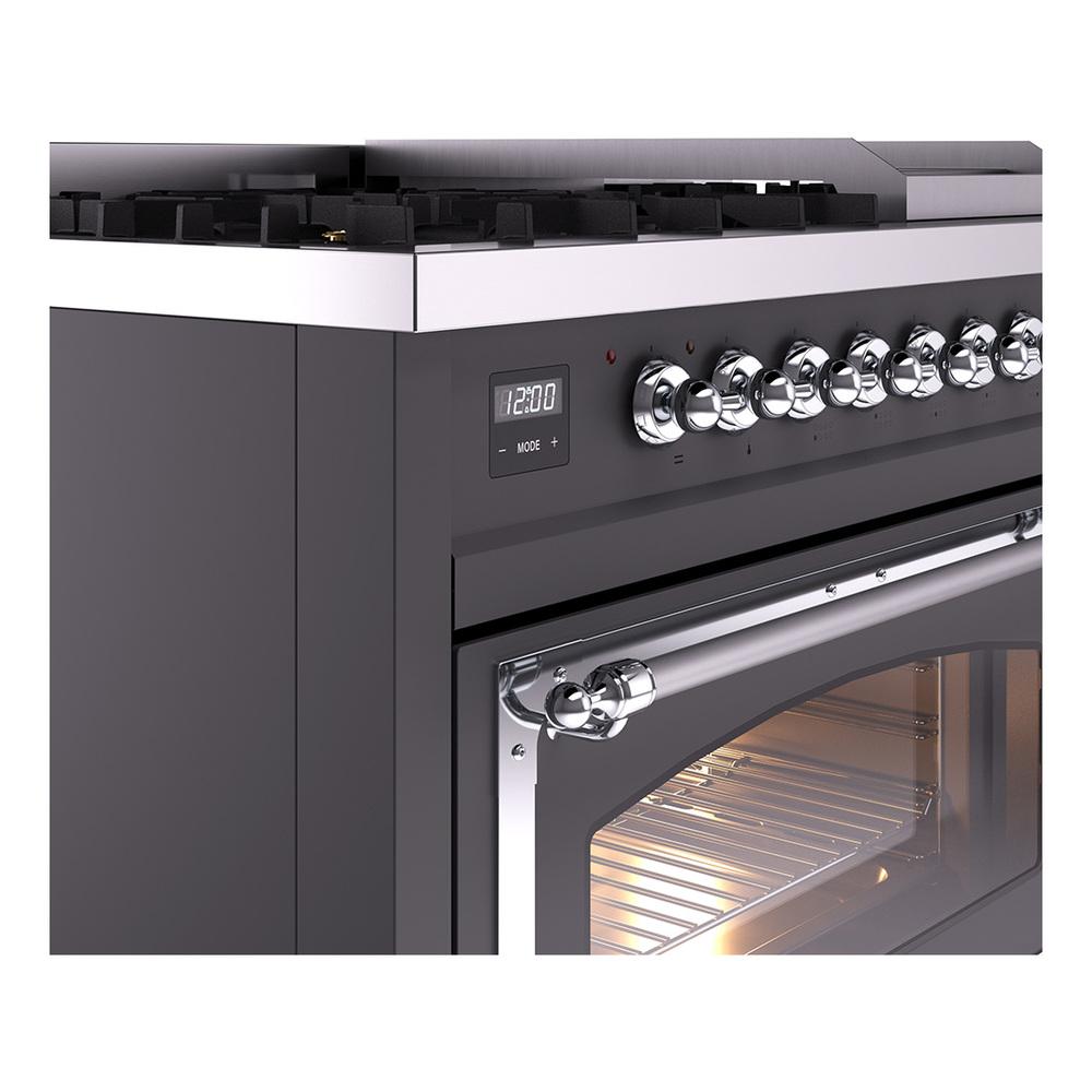 Ilve UN48FNMPMGCLP Ilve Un48Fnmpmgclp Nostalgie Ii Noblesse 48" Dual Fuel Range (8 Sealed Burners + Griddle, Liquid Propane, Triple Glass Door, Graphite Matte, Chrome)