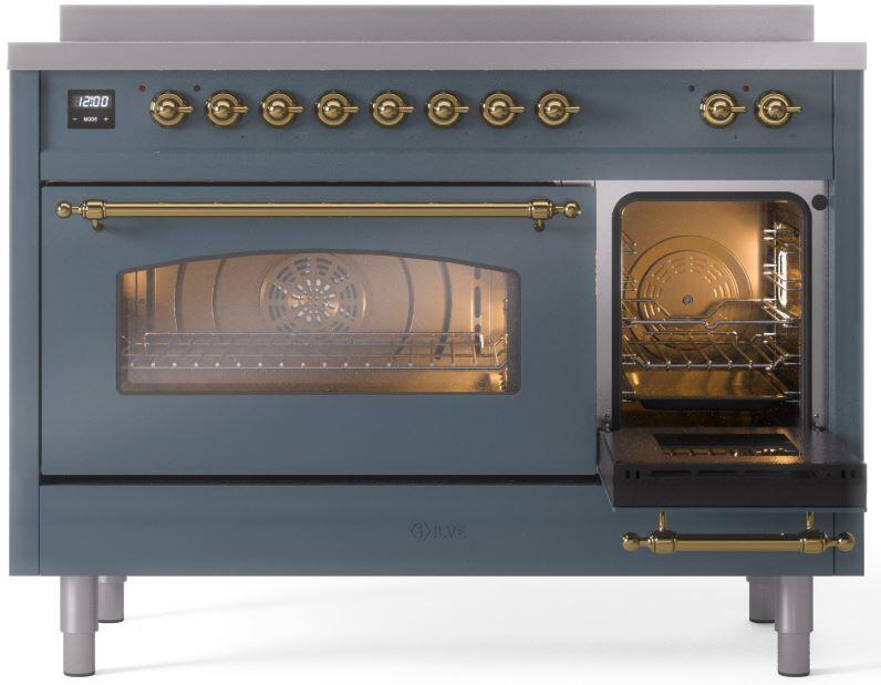 Ilve UPI486NMPBGG Nostalgie Ii 48 Inch Electric Freestanding Range In Blue Grey With Brass Trim