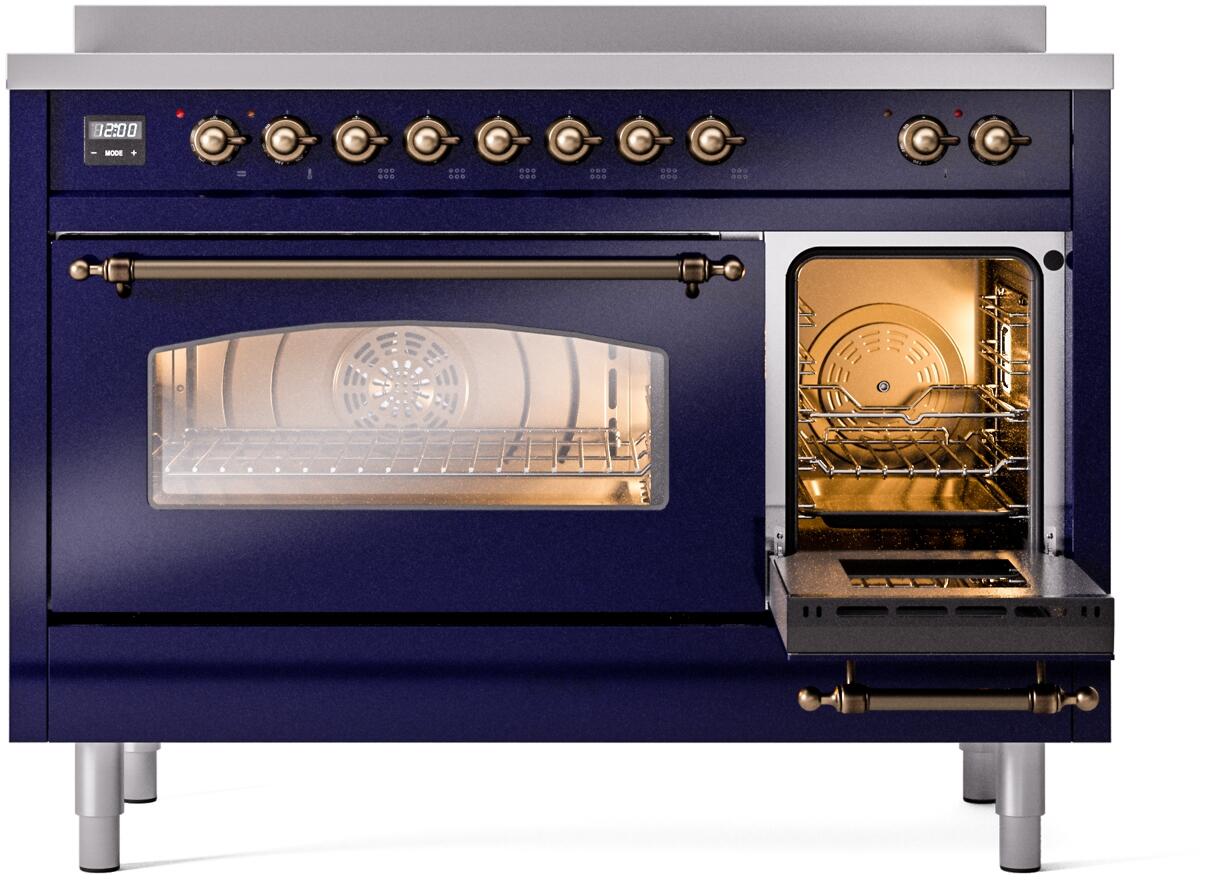 Ilve UPI486NMPMBB Nostalgie Ii 48 Inch Electric Freestanding Range In Blue With Bronze Trim