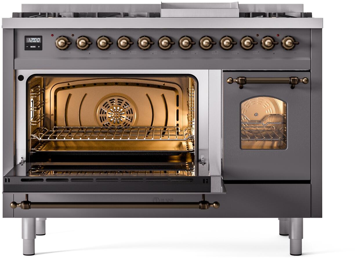 Ilve UP48FNMPMGBLP Nostalgie Ii 48 Inch Dual Fuel Liquid Propane Freestanding Range In Matte Graphite With Bronze Trim