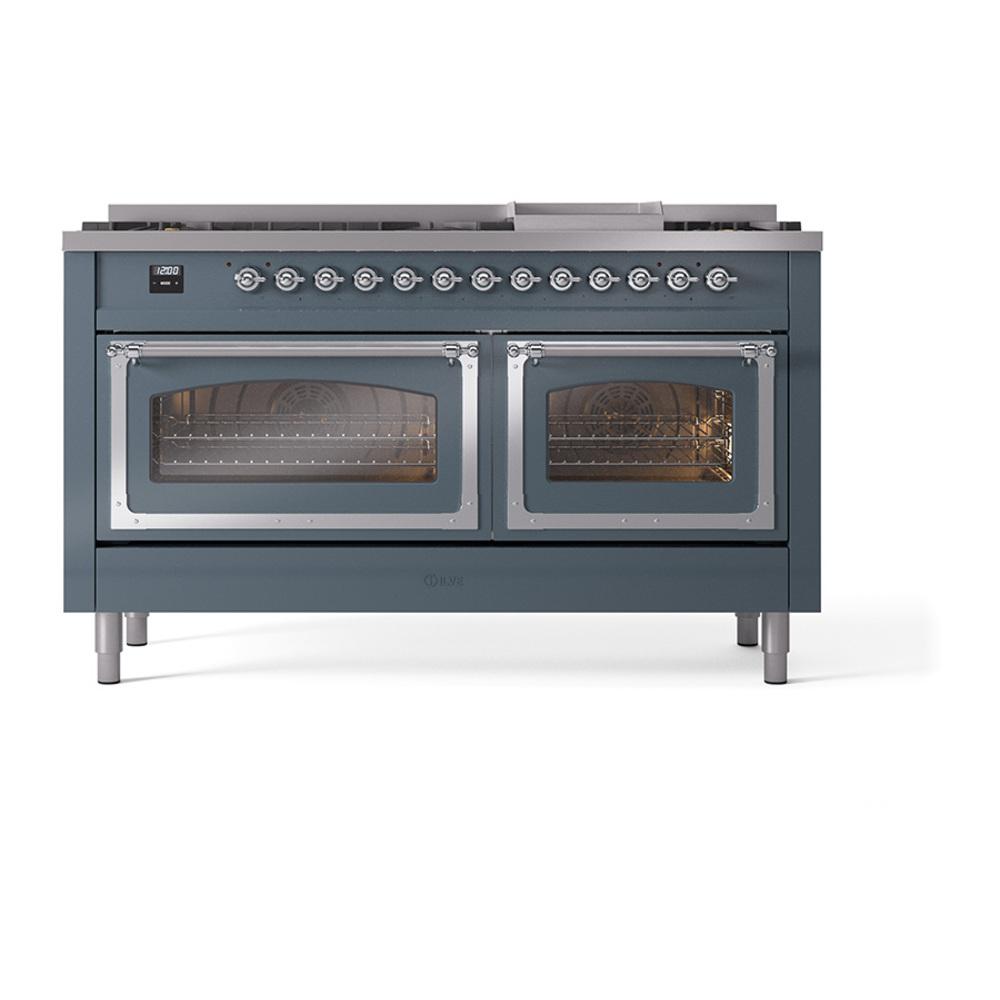 Ilve UN60FNMPBGC Ilve Un60Fnmpbgc Nostalgie Ii Noblesse 60" Dual Fuel Range (9 Sealed Burners + Griddle, Natural Gas, Triple Glass Door, Blue Grey, Chrome)