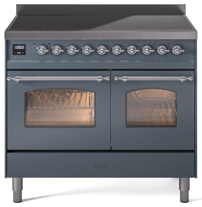 Ilve UPDI406NMPBGC Nostalgie Ii 40 Inch Electric Freestanding Range In Blue Grey With Chrome Trim