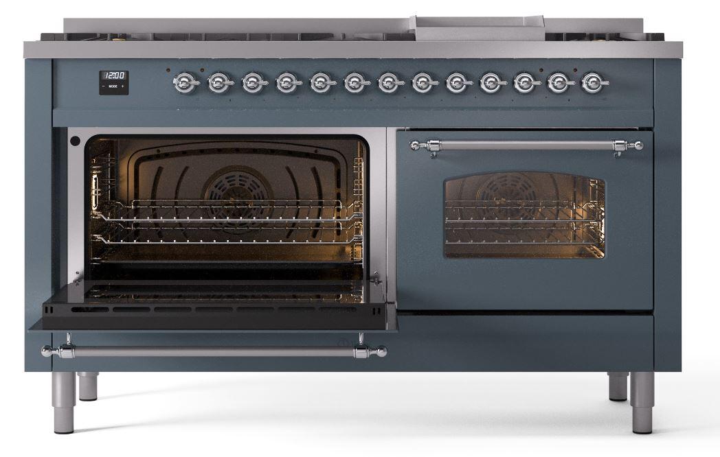 Ilve UP60FNMPBGC Nostalgie Ii 60 Inch Dual Fuel Natural Gas Freestanding Range In Blue Grey With Chrome Trim