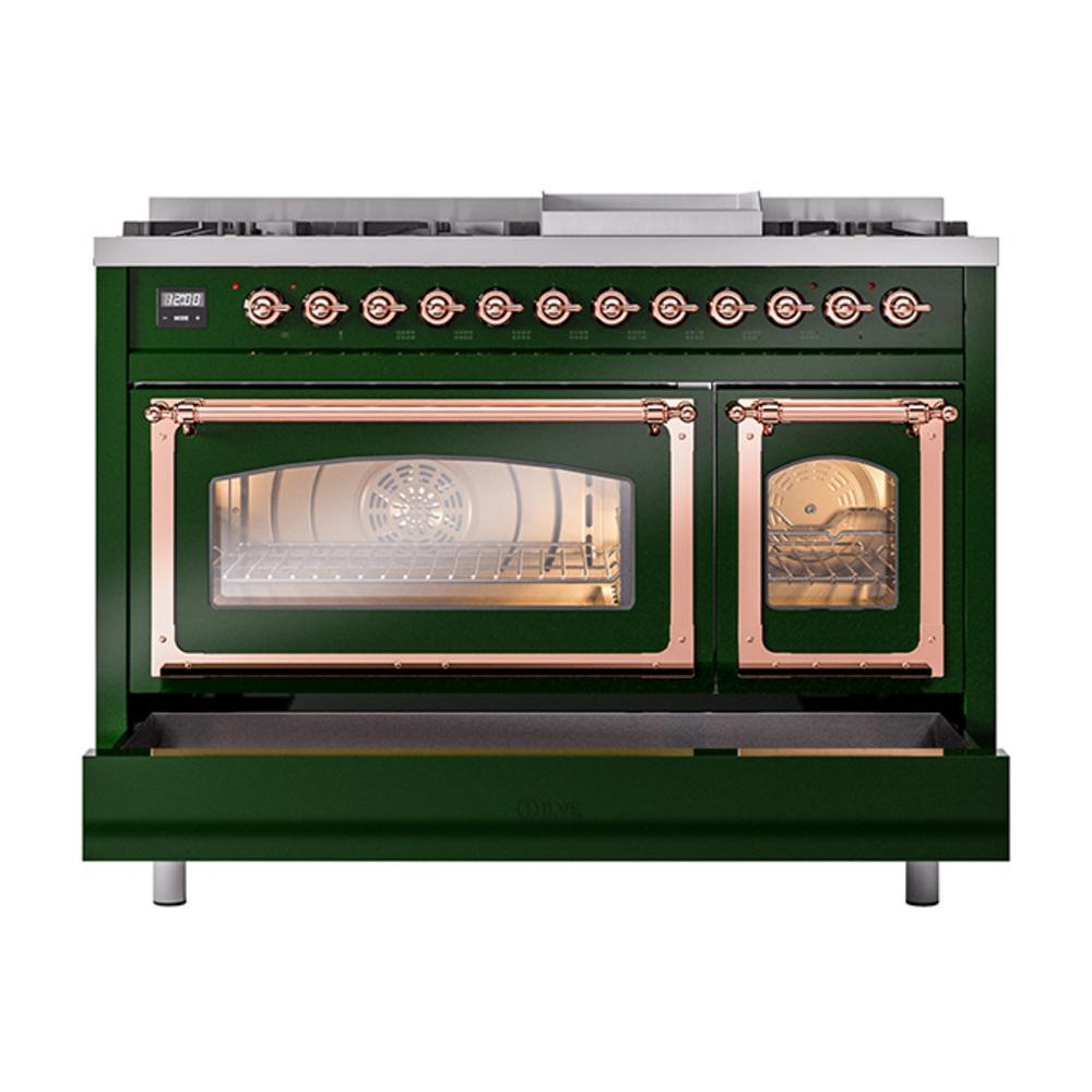 Ilve UN48FNMPEGPLP Ilve Un48Fnmpegplp Nostalgie Ii Noblesse 48" Dual Fuel Range (8 Sealed Burners + Griddle, Liquid Propane, Triple Glass Door, Emerald Green, Copper)