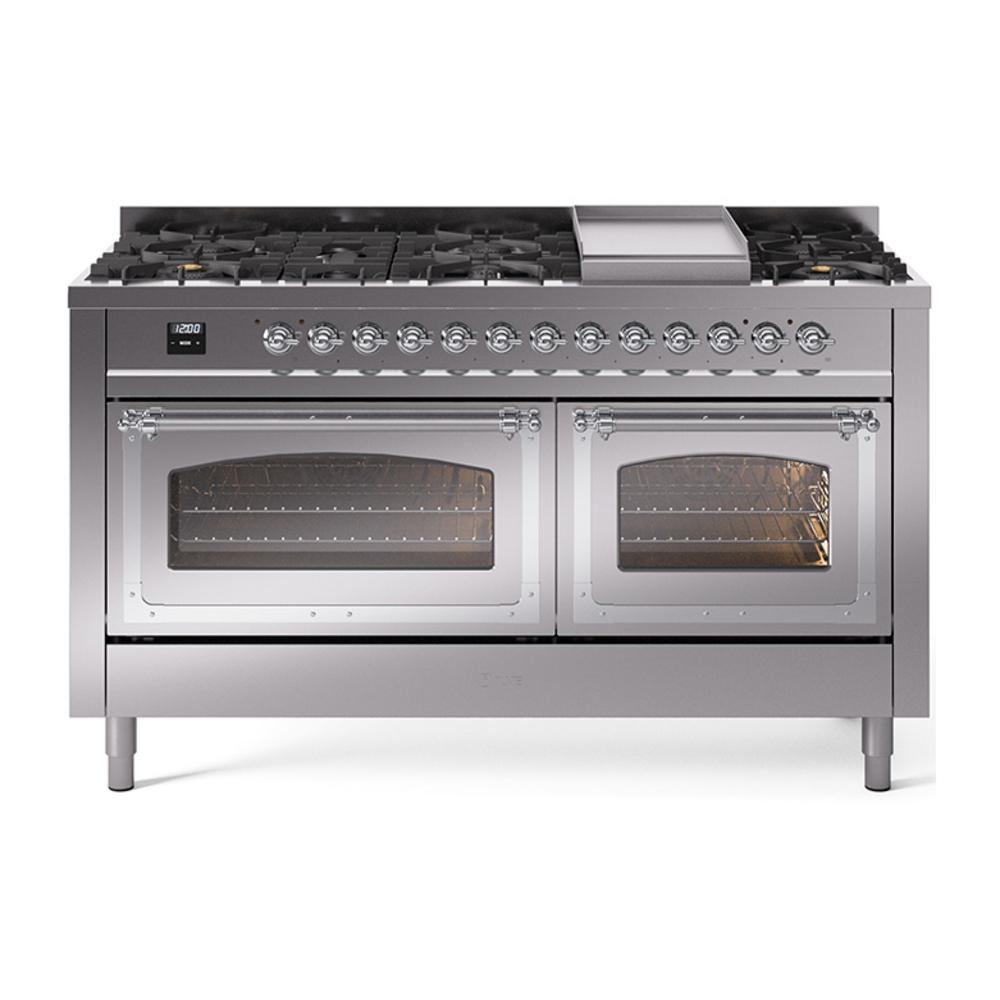 Ilve UN60FNMPSSC Ilve Un60Fnmpssc Nostalgie Ii Noblesse 60" Dual Fuel Range (9 Sealed Burners + Griddle, Natural Gas, Triple Glass Door, Stainless Steel, Chrome)