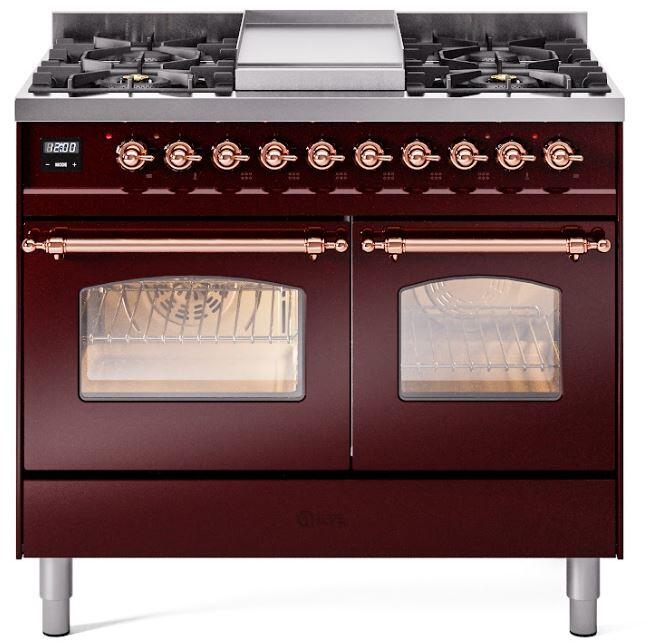 Ilve UPD40FNMPBUP Nostalgie Ii 40 Inch Dual Fuel Natural Gas Freestanding Range In Burgundy With Copper Trim