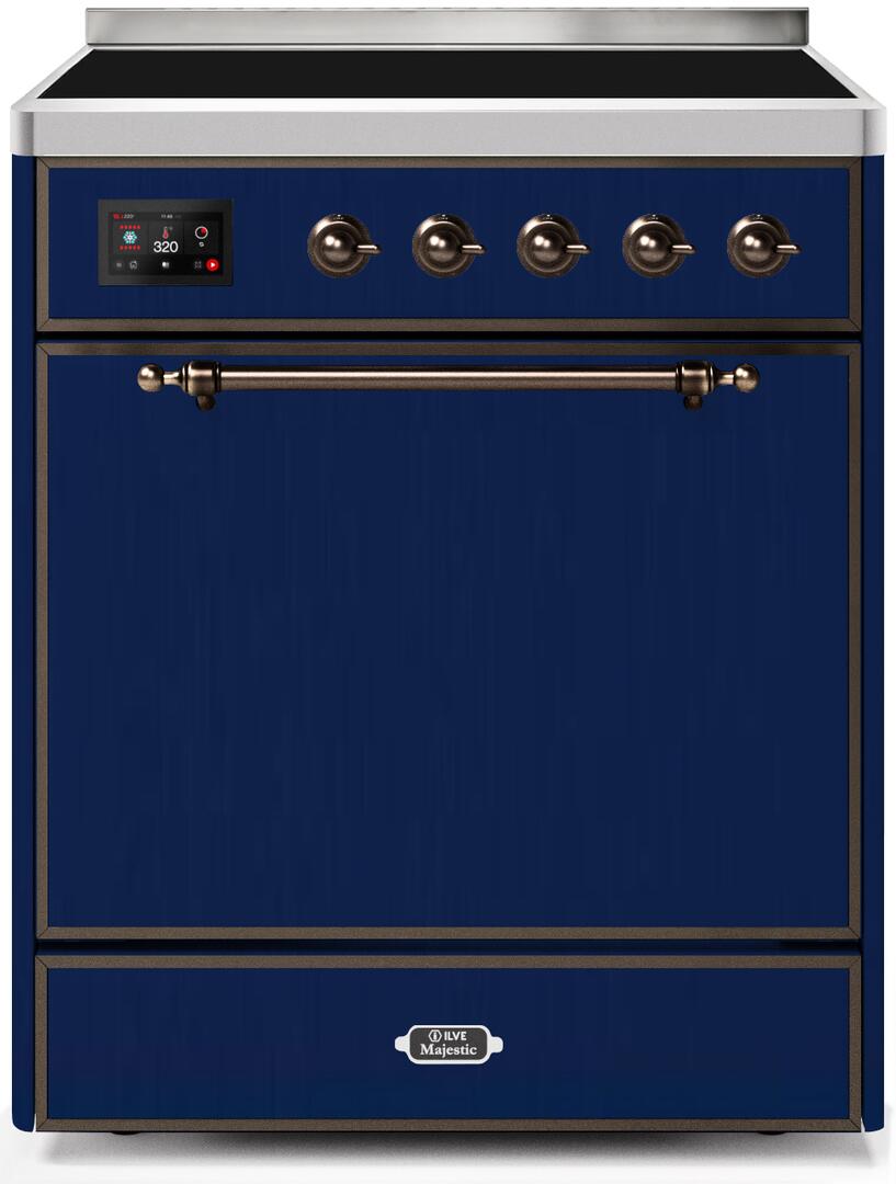 Ilve UMI30QNE3MBB Majestic Ii 30 Inch Electric Freestanding Range In Blue With Bronze Trim