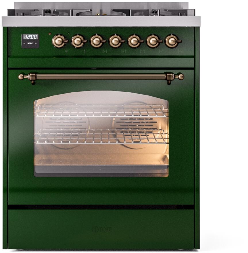 Ilve UP30NMPEGBLP Nostalgie Ii 30 Inch Dual Fuel Liquid Propane Freestanding Range In Emerald Green With Bronze Trim