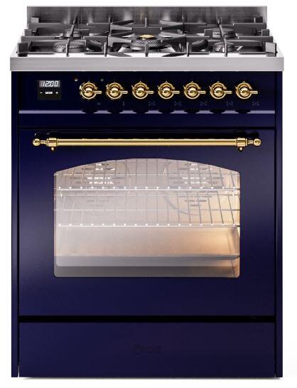 Ilve UP30NMPMBGLP Nostalgie Ii 30 Inch Dual Fuel Liquid Propane Freestanding Range In Blue With Brass Trim