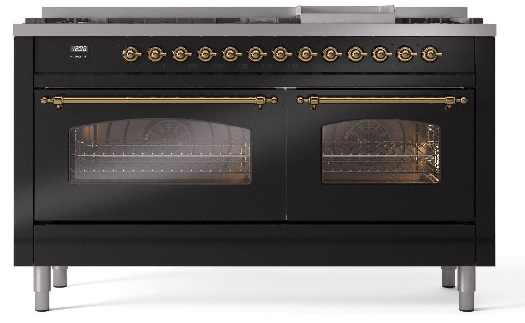 Ilve UP60FNMPBKGLP Nostalgie Ii 60 Inch Dual Fuel Liquid Propane Freestanding Range In Glossy Black With Brass Trim