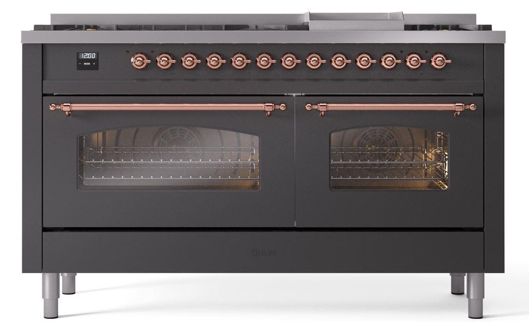 Ilve UP60FNMPMGPLP Nostalgie Ii 60 Inch Dual Fuel Liquid Propane Freestanding Range In Matte Graphite With Copper Trim