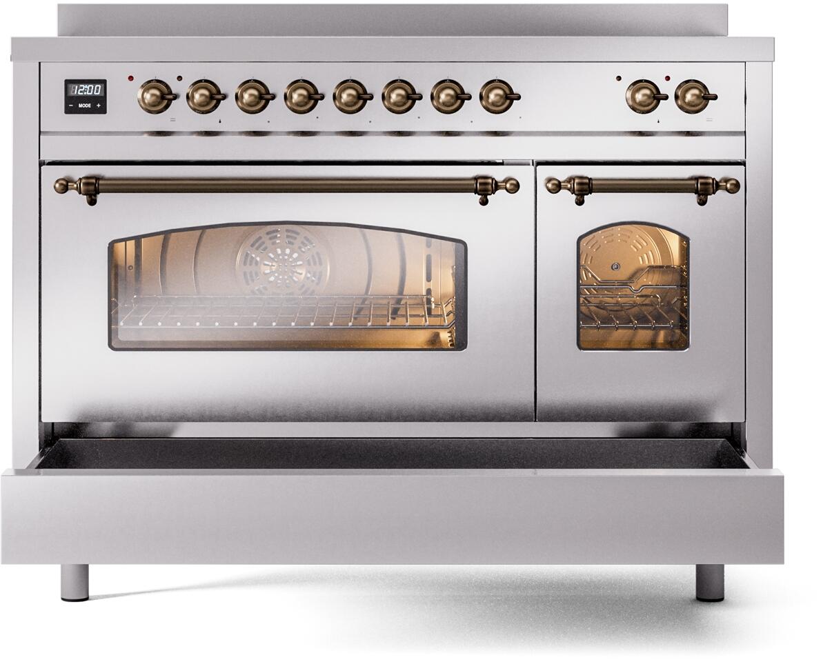 Ilve UPI486NMPSSB Nostalgie Ii 48 Inch Electric Freestanding Range In Stainless Steel With Bronze Trim