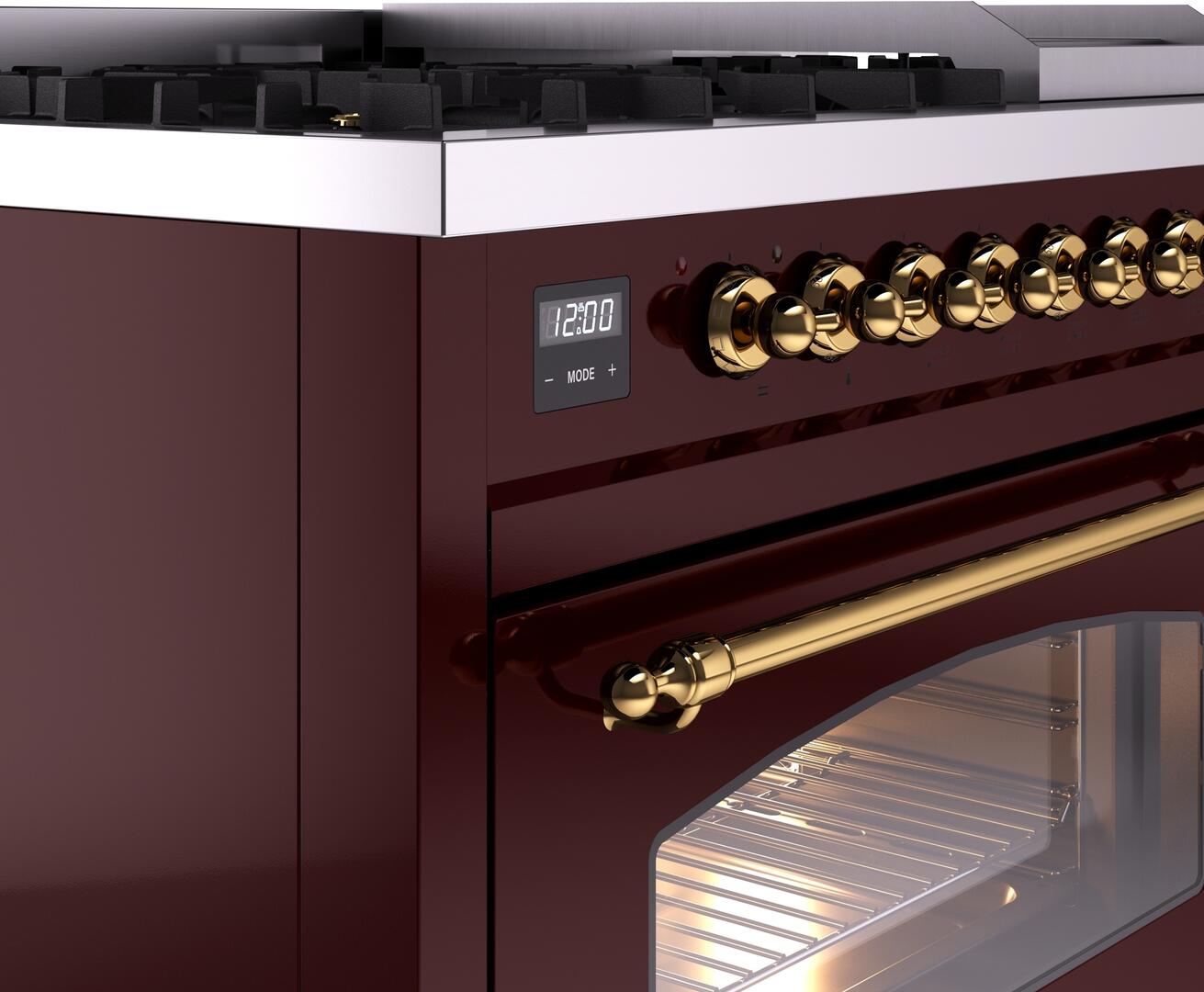 Ilve UP48FNMPBUGLP Nostalgie Ii 48 Inch Dual Fuel Liquid Propane Freestanding Range In Burgundy With Brass Trim