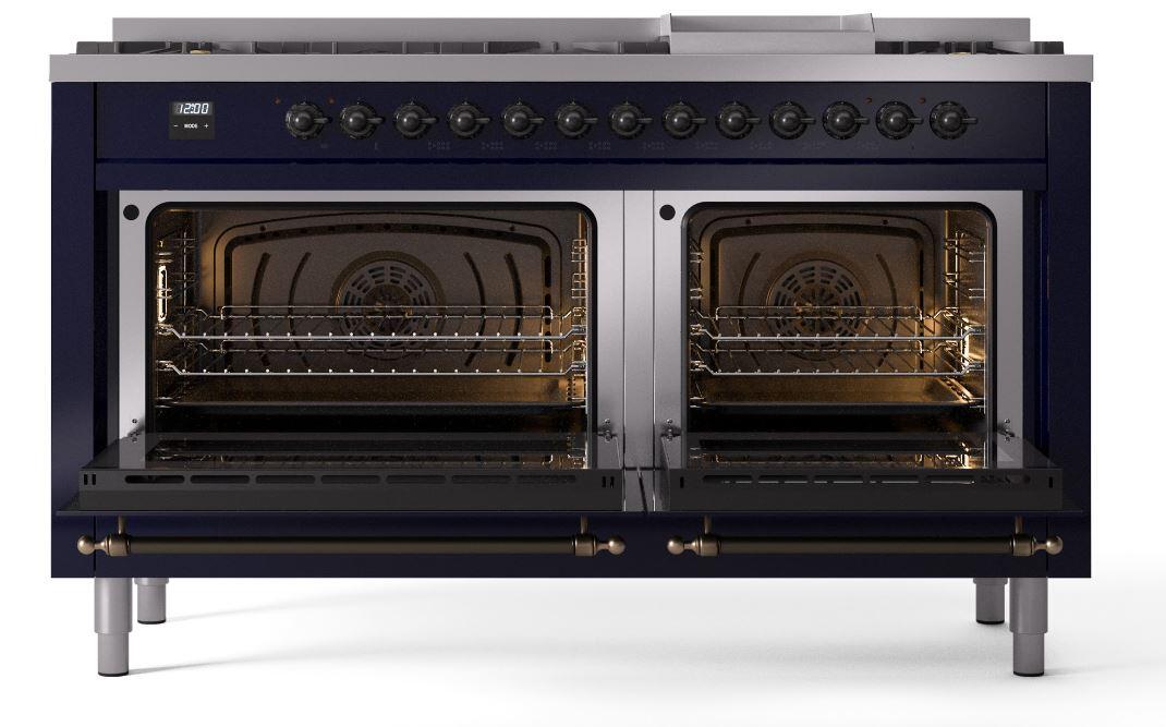 Ilve UP60FNMPMBBLP Nostalgie Ii 60 Inch Dual Fuel Liquid Propane Freestanding Range In Blue With Bronze Trim