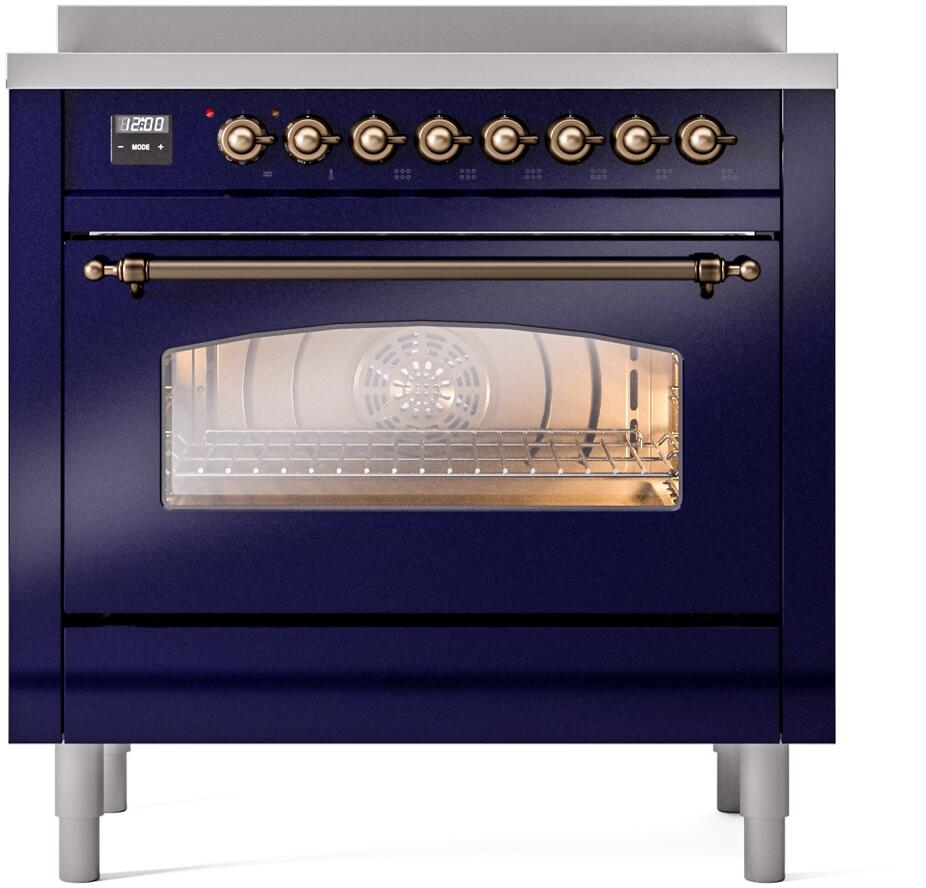 Ilve UPI366NMPMBB Nostalgie Ii 36 Inch Electric Freestanding Range In Blue With Bronze Trim