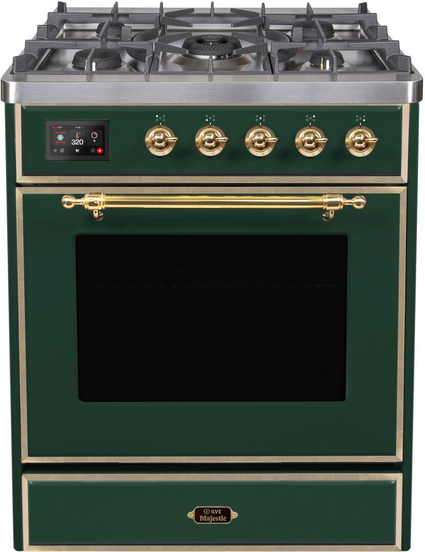 Ilve UM30DNE3EGG Majestic Ii 30 Inch Dual Fuel Natural Gas Freestanding Range In Emerald Green With Brass Trim