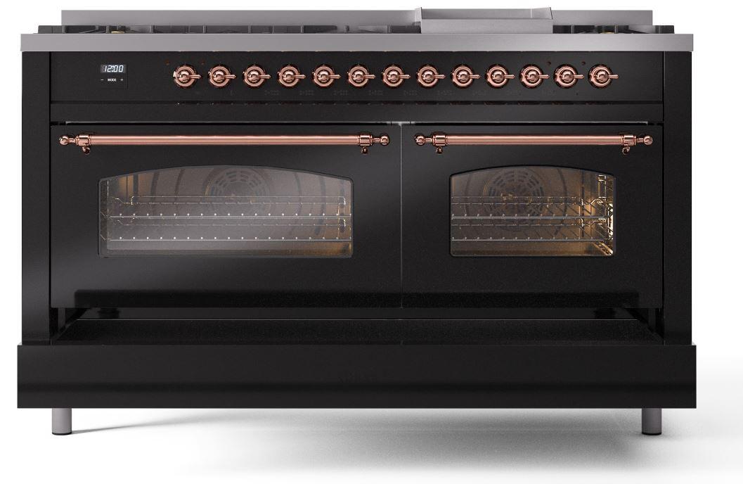 Ilve UP60FNMPBKPLP Nostalgie Ii 60 Inch Dual Fuel Liquid Propane Freestanding Range In Glossy Black With Copper Trim