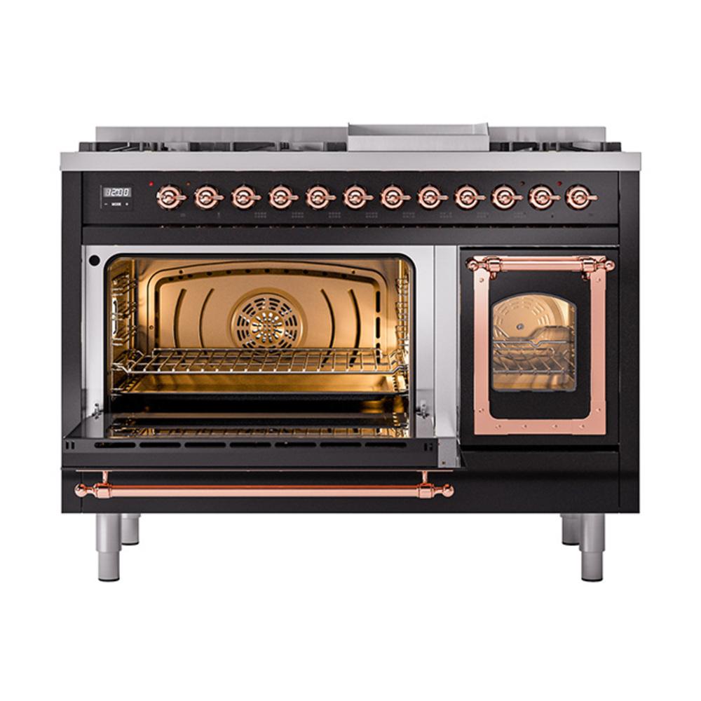 Ilve UN48FNMPBKPLP Ilve Un48Fnmpbkplp Nostalgie Ii Noblesse 48" Dual Fuel Range (8 Sealed Burners + Griddle, Liquid Propane, Triple Glass Door, Glossy Black, Copper)