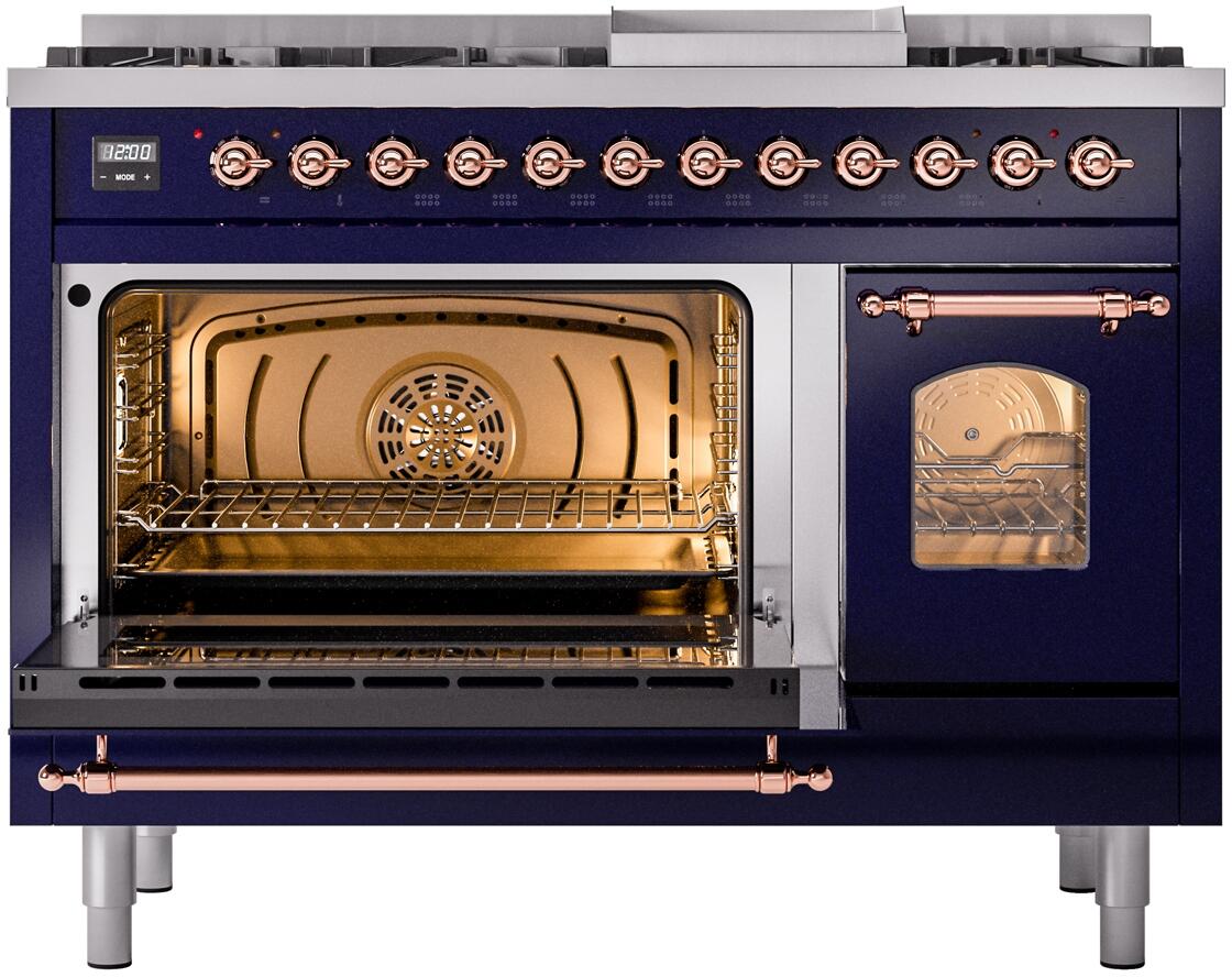 Ilve UP48FNMPMBPLP Nostalgie Ii 48 Inch Dual Fuel Liquid Propane Freestanding Range In Blue With Copper Trim