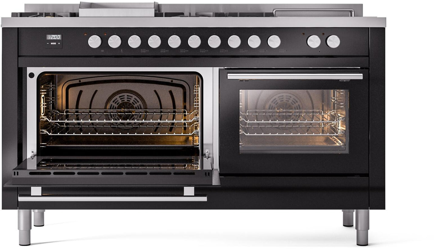 Ilve UP60FSWMPBKLP Professional Plus Ii 60 Inch Dual Fuel Liquid Propane Freestanding Range In Glossy Black With Trim