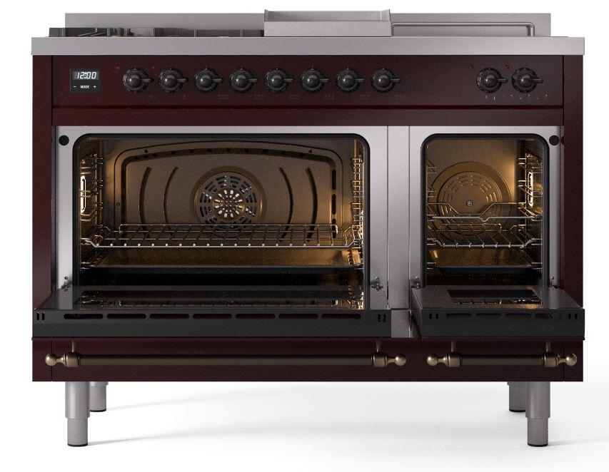 Ilve UP48FSNMPBUBLP Nostalgie Ii 48 Inch Dual Fuel Liquid Propane Freestanding Range In Burgundy With Bronze Trim