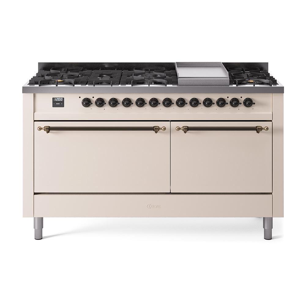 Ilve UP60FQNMPAWBLP Ilve Nostalgie Ii 60 Up60Fqnmpawb Freestanding Dual Fuel Range With 9 Sealed Burners Double Oven With Solid Door In Antique White With Bronze Knobs