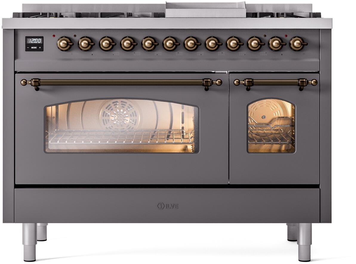 Ilve UP48FNMPMGB Nostalgie Ii 48 Inch Dual Fuel Natural Gas Freestanding Range In Matte Graphite With Bronze Trim