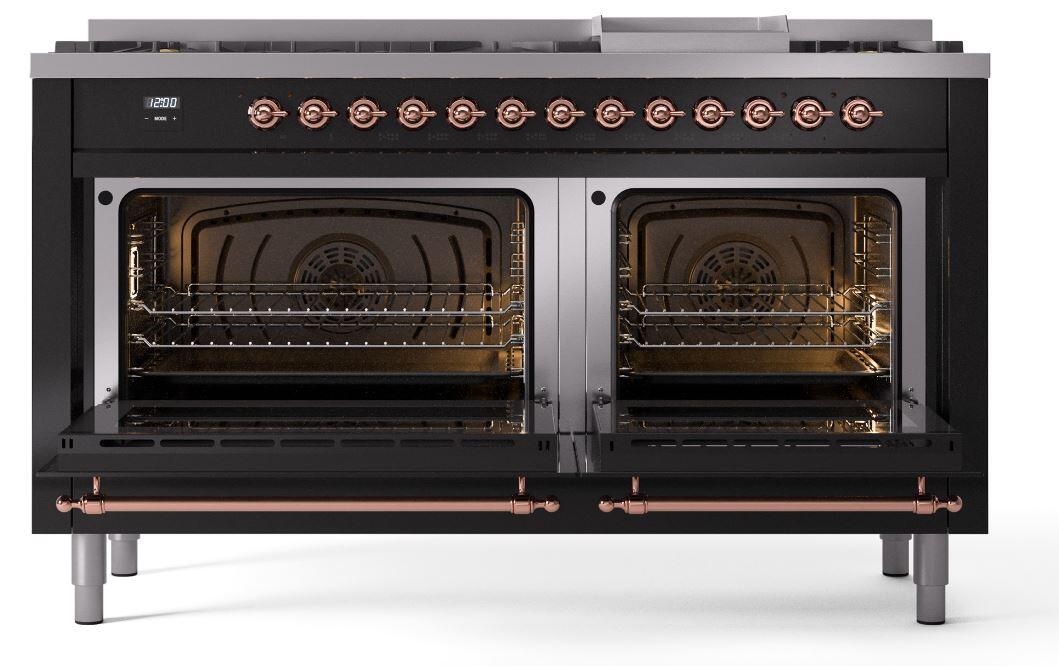 Ilve UP60FNMPBKPLP Nostalgie Ii 60 Inch Dual Fuel Liquid Propane Freestanding Range In Glossy Black With Copper Trim