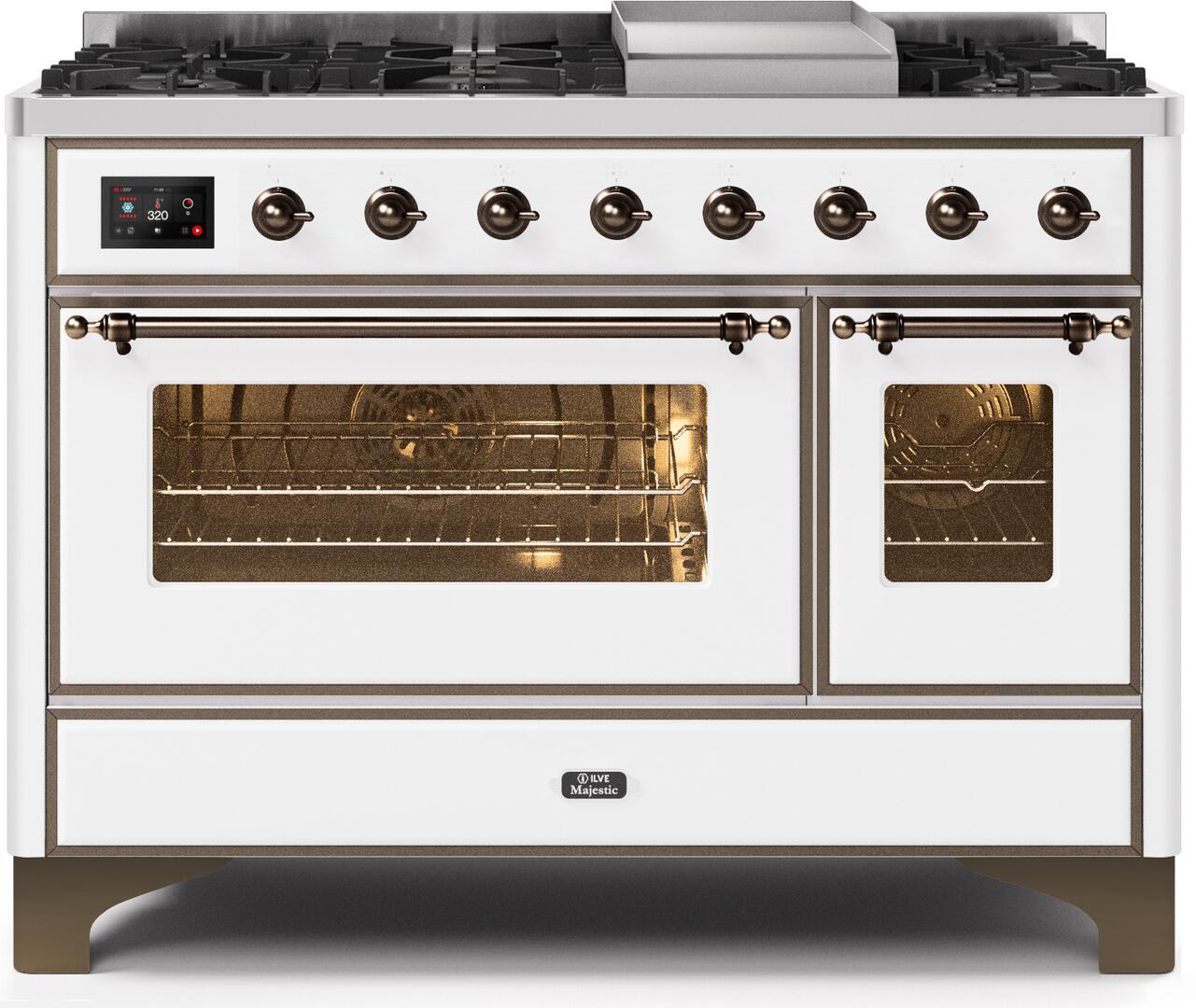 Ilve UM12FDNS3WHB Majestic Ii 48 Inch Dual Fuel Natural Gas Freestanding Range In White With Bronze Trim