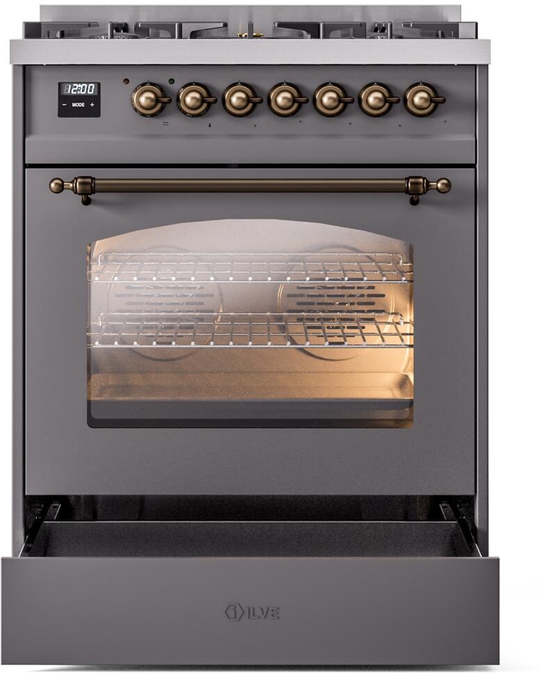 Ilve UP30NMPMGBLP Nostalgie Ii 30 Inch Dual Fuel Liquid Propane Freestanding Range In Matte Graphite With Bronze Trim