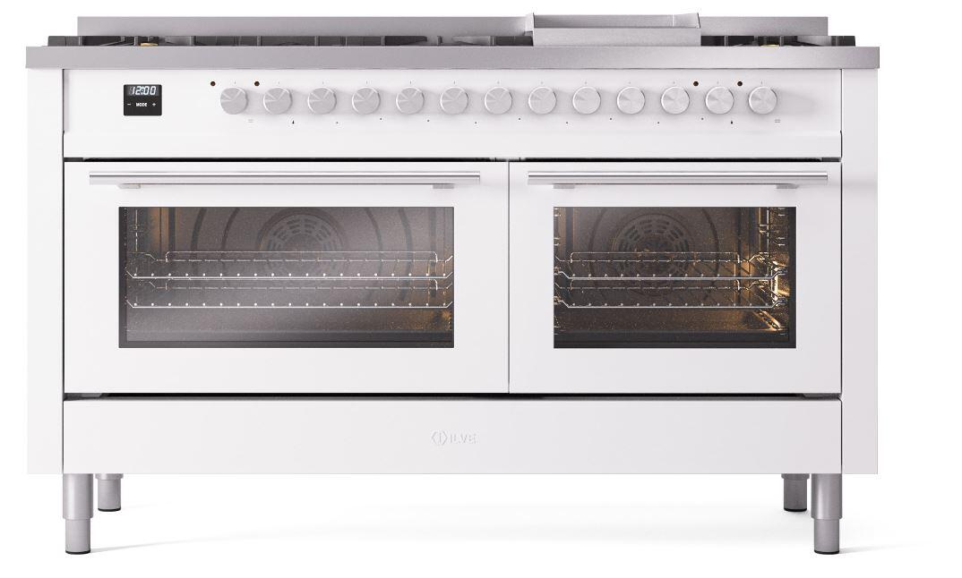 Ilve UP60FWMPWH Professional Plus Ii 60 Inch Dual Fuel Natural Gas Freestanding Range In White With Trim