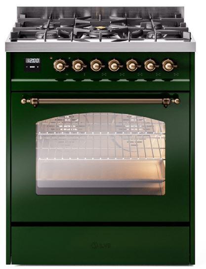 Ilve UP30NMPEGB Nostalgie Ii 30 Inch Dual Fuel Natural Gas Freestanding Range In Emerald Green With Bronze Trim