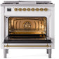 Ilve UP36FNMPWHG Nostalgie Ii 36 Inch Dual Fuel Natural Gas Freestanding Range In White With Brass Trim